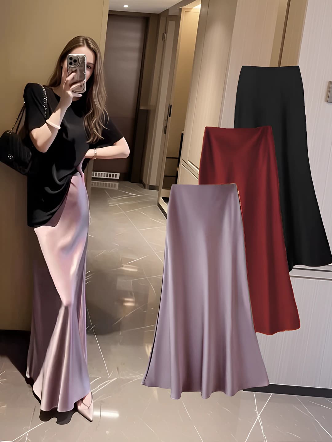 Women's high waist slimming mid-length long skirt, 2026 spring-summer, acetate satin, hip-hugging, fishtail, draping