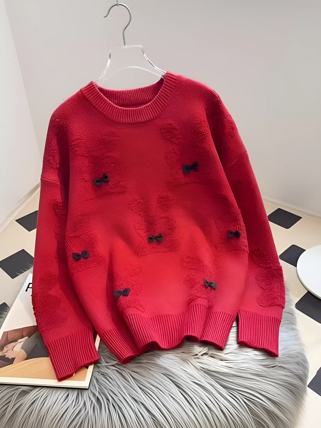 Women's red knit sweater, crew neck, long sleeve, loose fit, mid-length, slimming, plus size, autumn wear