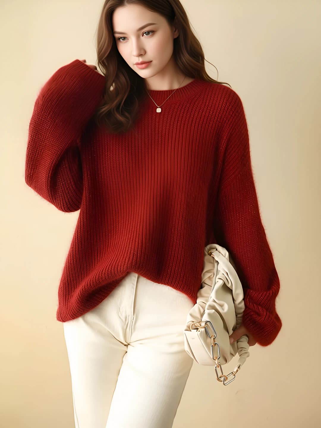 Ayollar uchun koreys uslubida qalinlashtirilgan 95% jun sviter, dumaloq yoqa, uzun yeng, bo'sh (oversize) kesim, kuz-qish