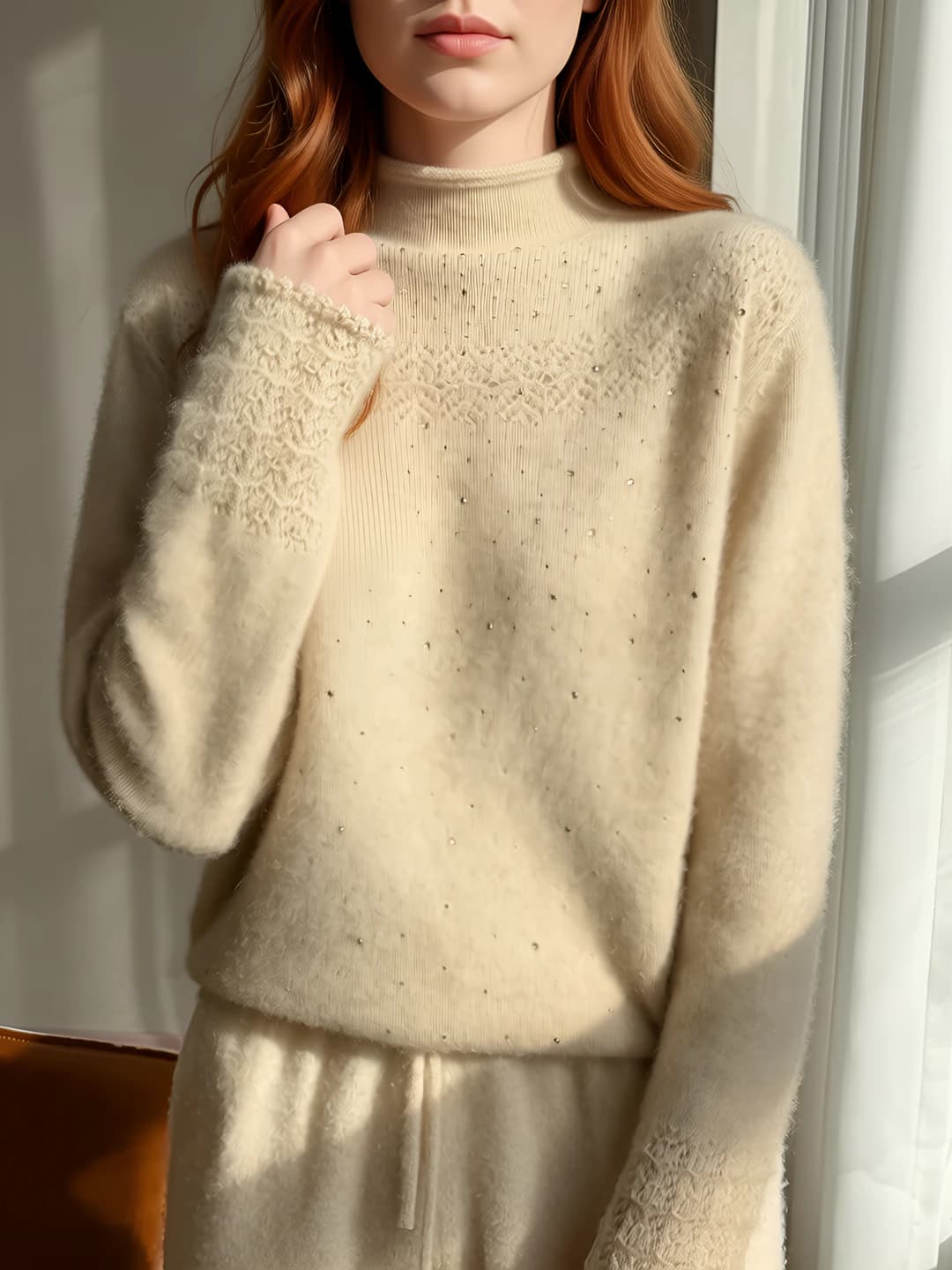 Women's wool knit cardigan, mock neck, long sleeve, thick, autumn-winter, 3D pattern, elegant style