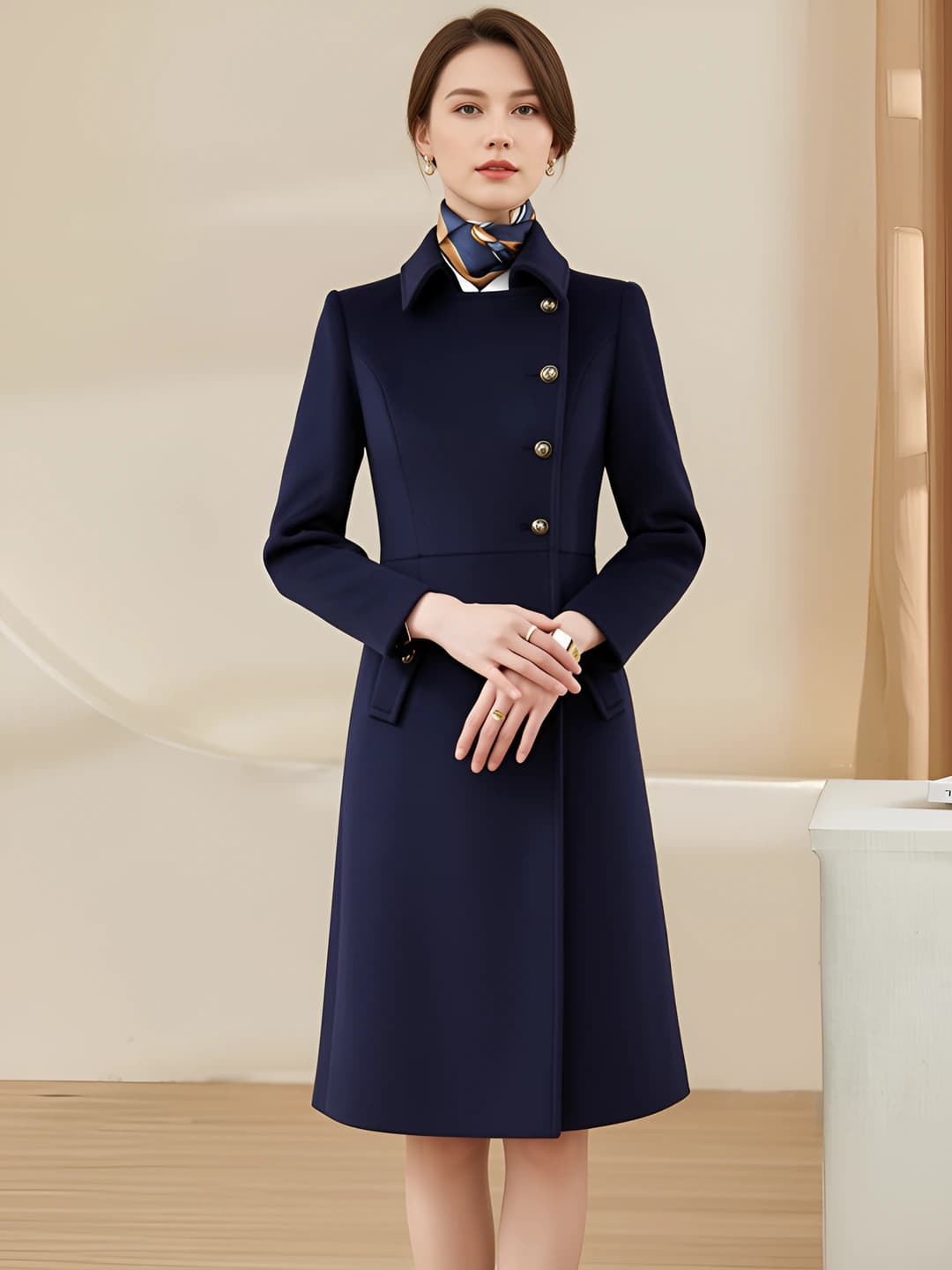 Women's wool and cashmere coat, stand collar, long sleeve, slim fit, slimming, autumn-winter