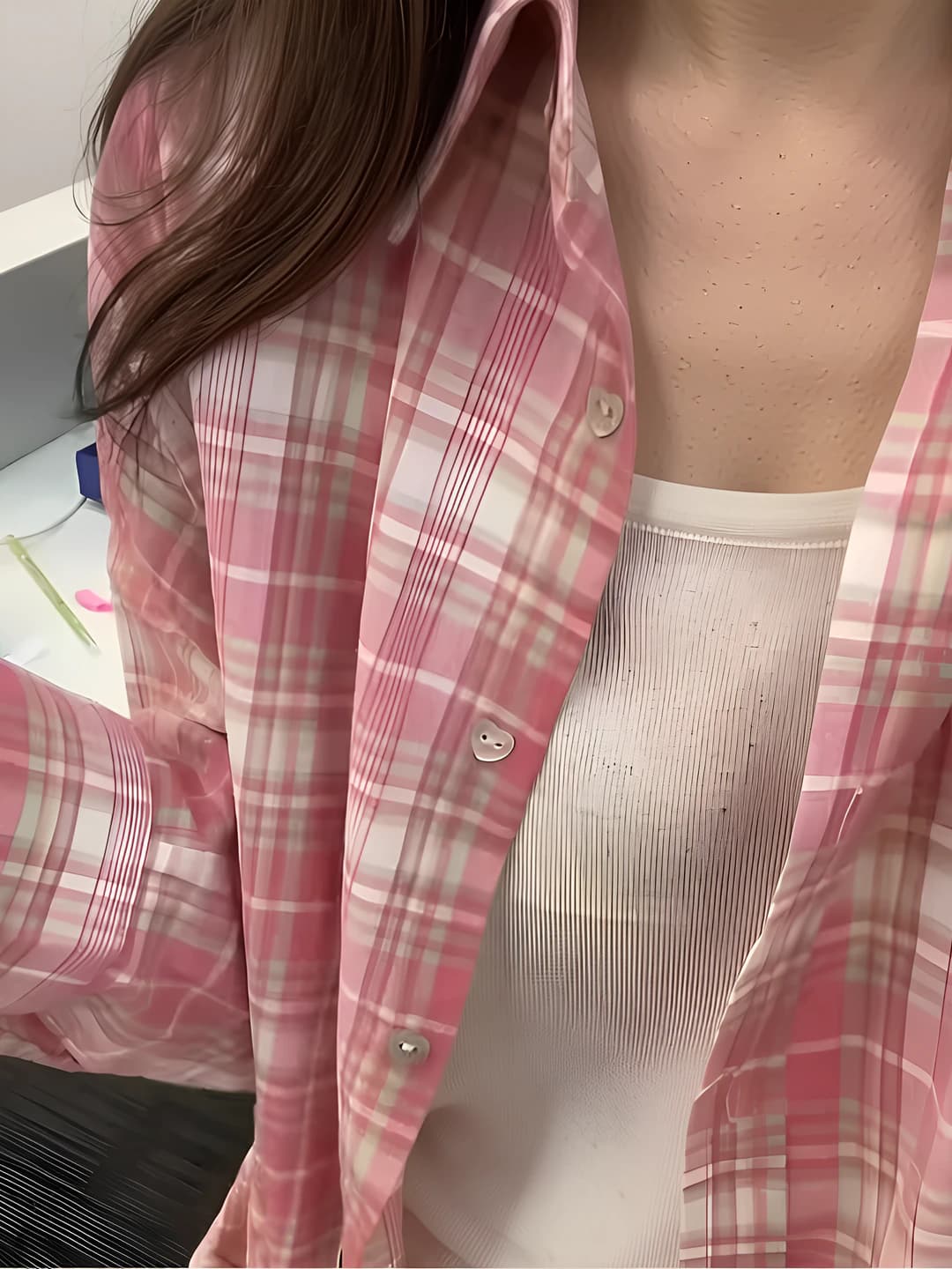 Women's Korean style pure cotton checked shirt, spring-summer, loose fit, long sleeve, thin