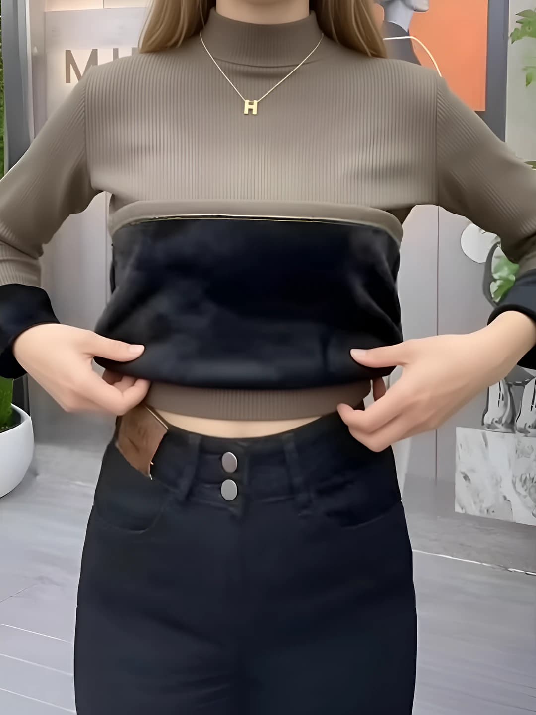 Women's autumn-winter fleece-lined, thickened, warm, solid colour, slim fit, long sleeve, mock neck long-sleeve base top