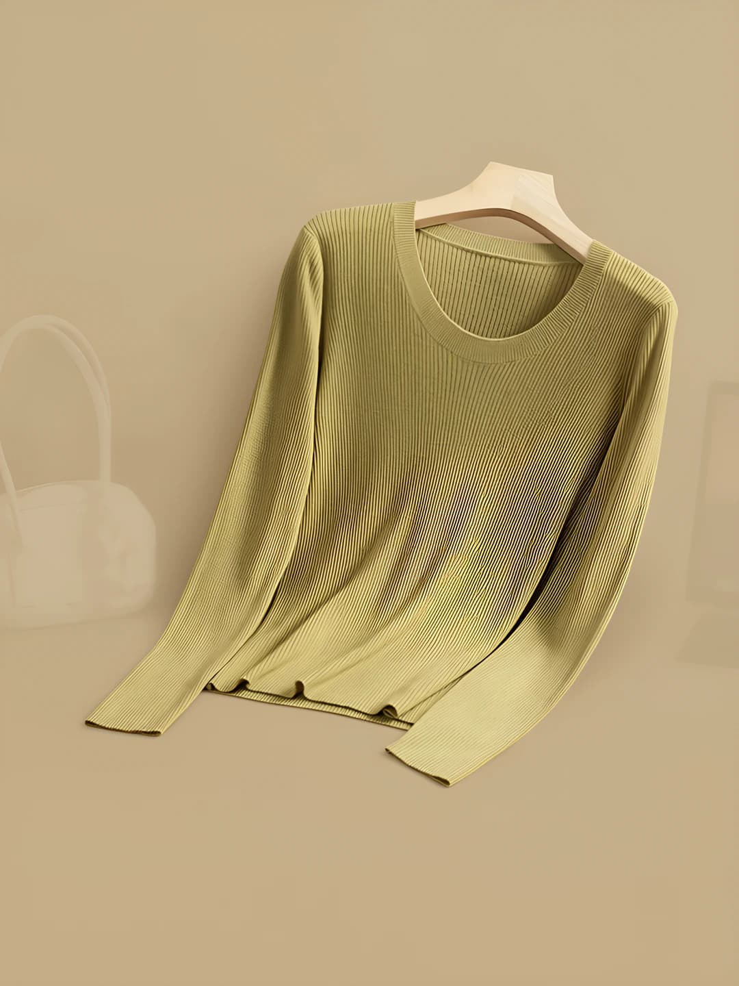Women's thin wool sweater for autumn, U-neck, long sleeve, slim fit, warm long-sleeve base top