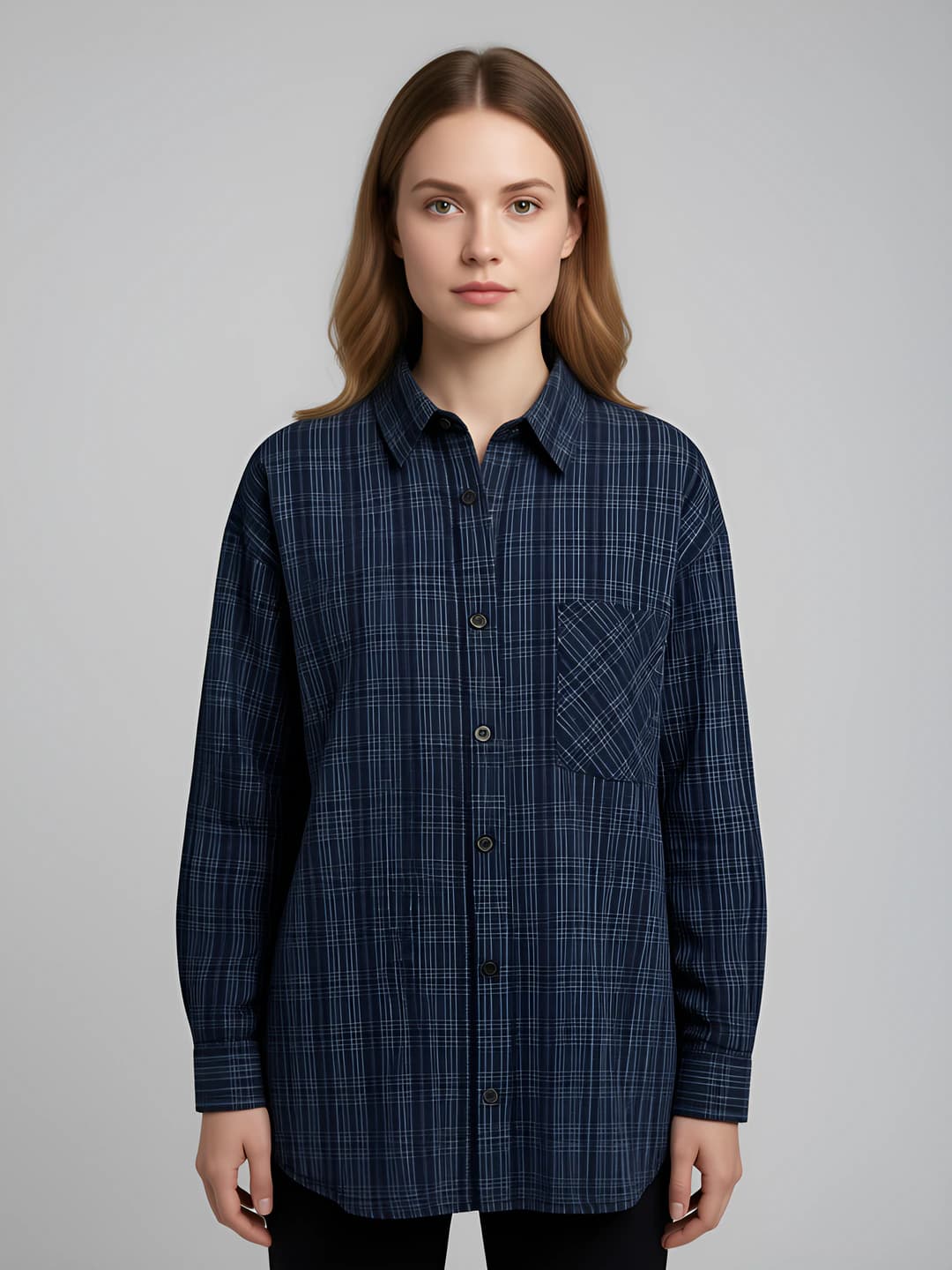 Ayollar uchun retro katakli ko'ylak-shirt, bahor-kuz, qaytarma yoqa, uzun yeng, bo'sh (oversize) kesim, kundalik uslub
