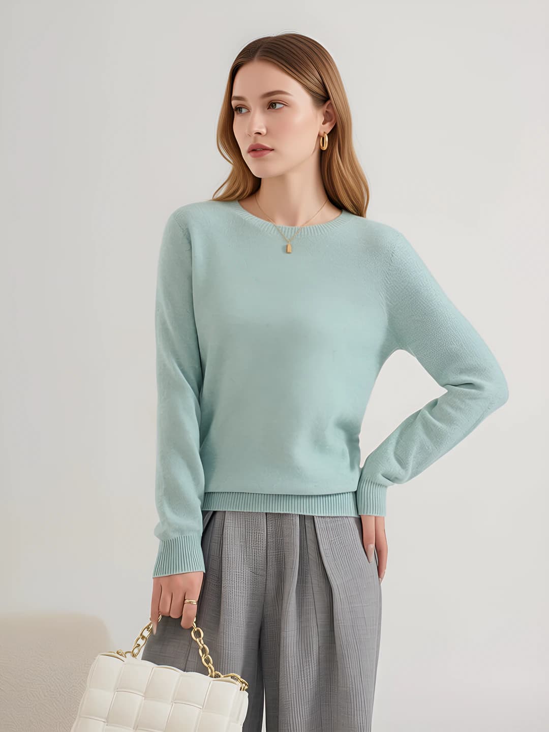 Women's wool knit top, crew neck, long sleeve, solid colour, pullover, thin, craft: seamless, style: business