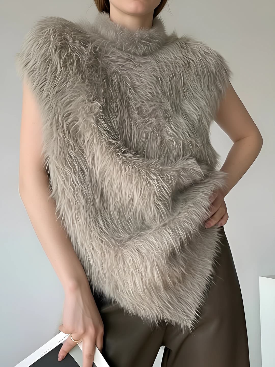 Women's mid-length high neck knit vest, loose fit, sleeveless, solid colour, autumn-winter