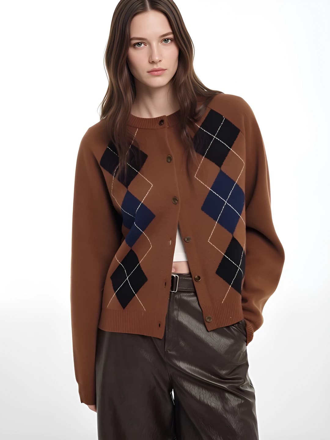 Women's cashmere and wool cardigan, crew neck, long sleeve, thick, autumn-winter, loose fit