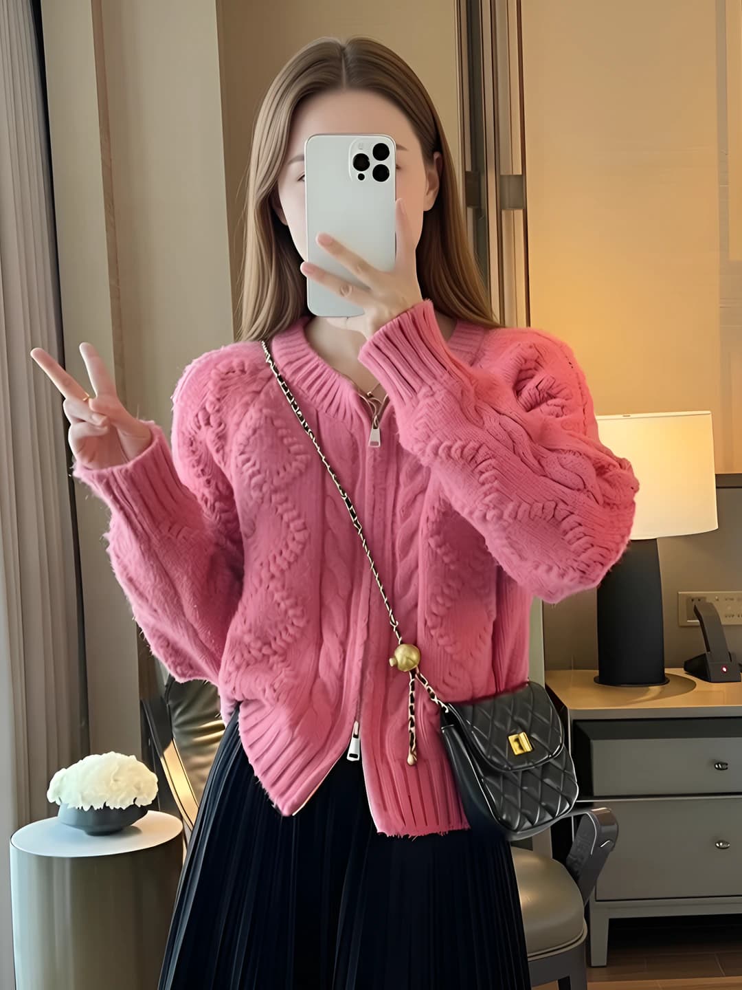 Women's Korean style cable knit solid colour knit cardigan, autumn-winter, long sleeve, loose fit, crew neck, zip