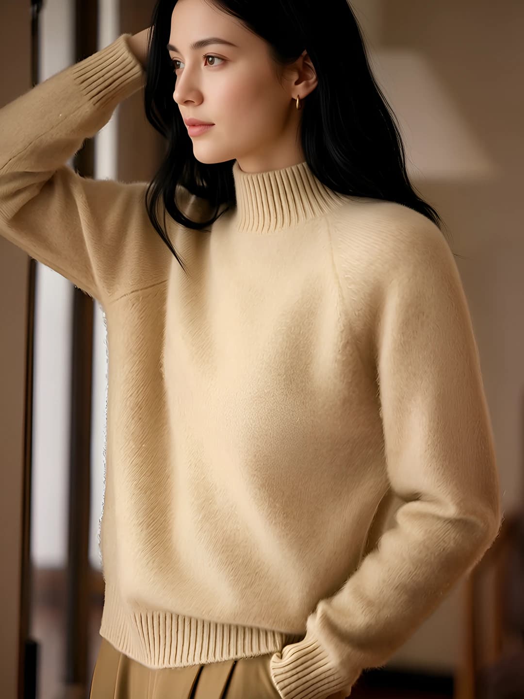 Women's autumn-winter 2026 loose fit thickened mock neck wool and cashmere sweater