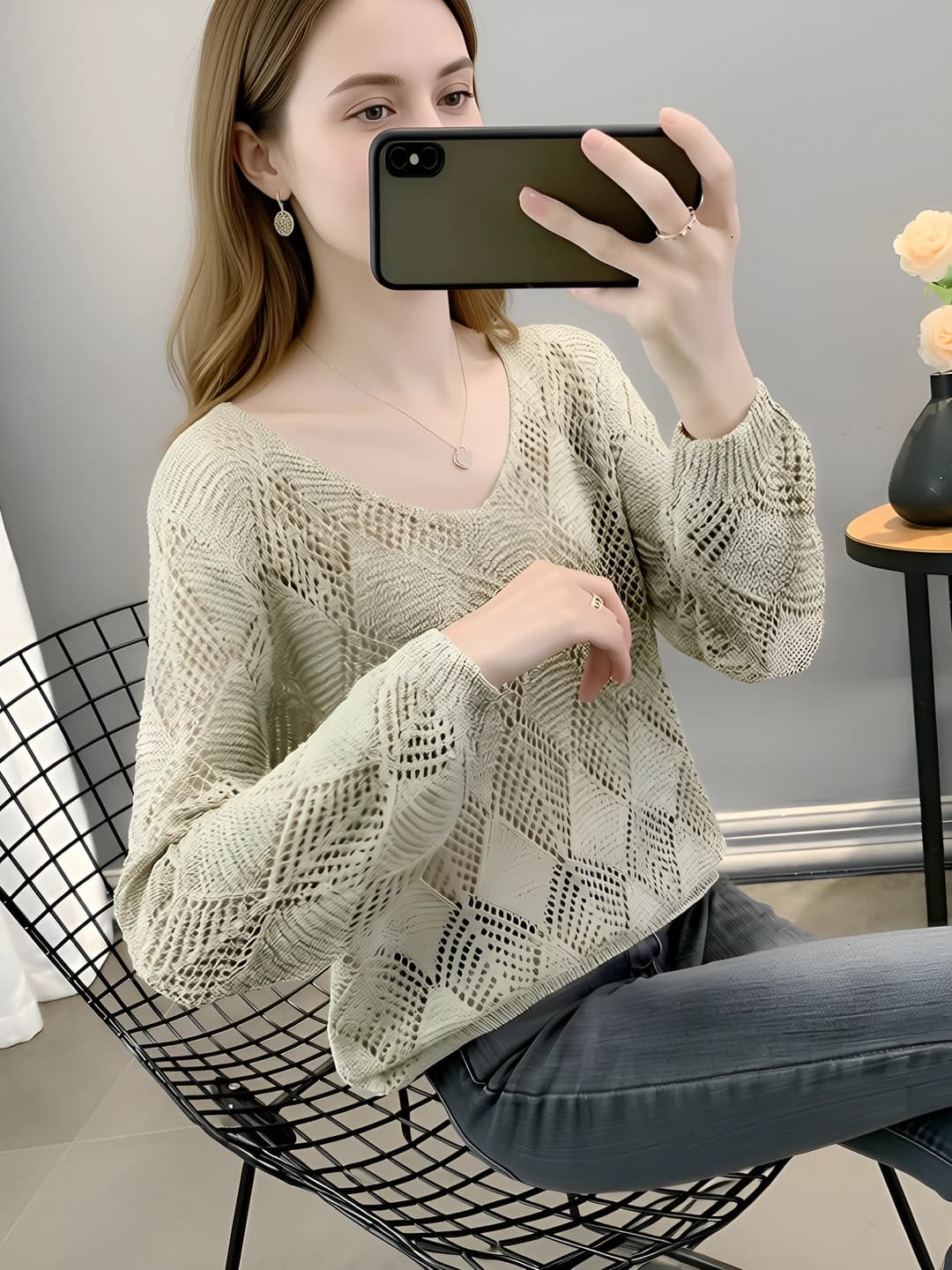 Women's thin early spring 2026 sweater, loose fit, V-neck, long sleeve, openwork pattern, 50-65 cm length, resin color fixation, office style, button closure, 50-70% viscose, openwork knit pullover