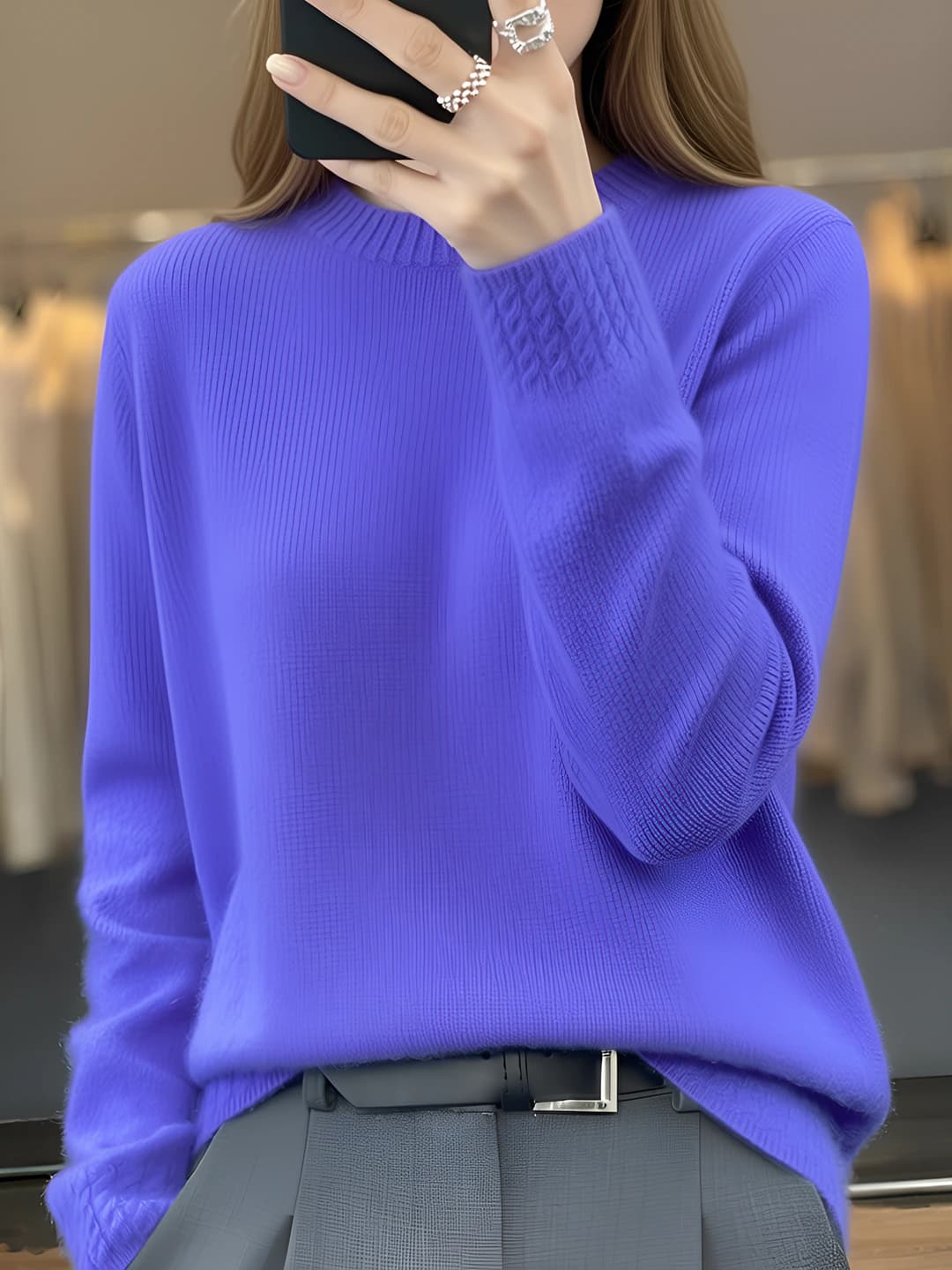 Women's autumn-winter wool and cashmere sweater, mock neck, loose fit, long sleeve, 95%+ wool, pullover