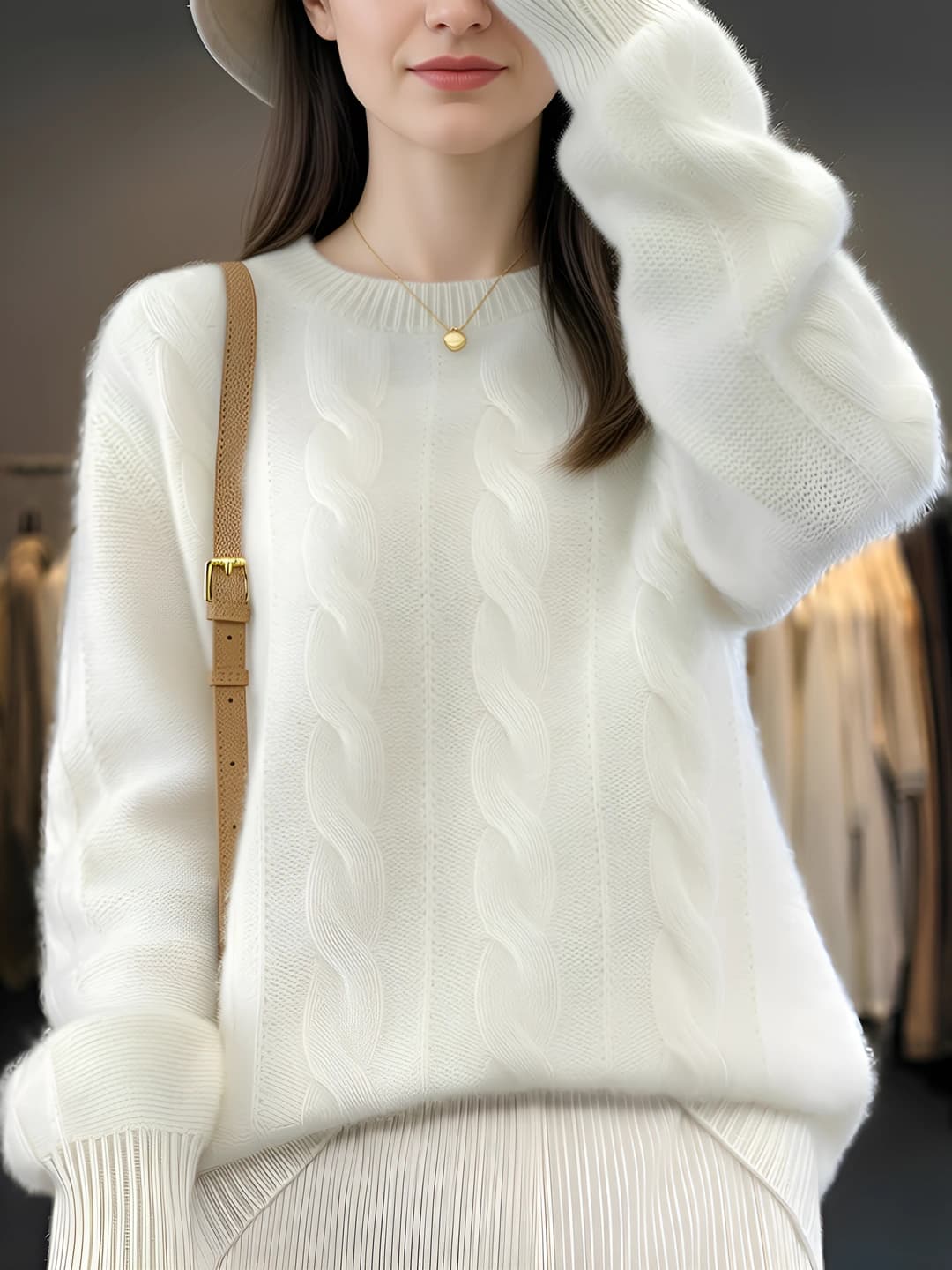 Women's 2026 autumn-winter cable knit wool sweater, thickened, crew neck, loose fit, long sleeve