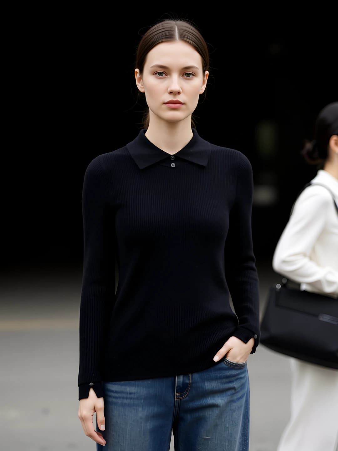Women's thin wool knit top, lapel collar, long sleeve, slim fit, slimming, for early autumn