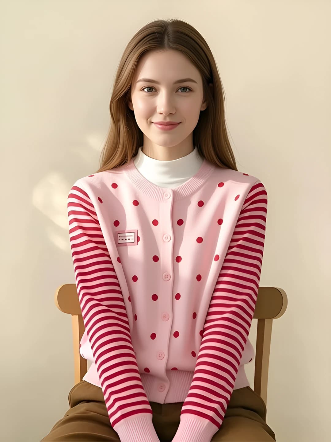 Women's autumn knit cardigan, crew neck, long sleeve, polka dot pattern, slim fit, slimming