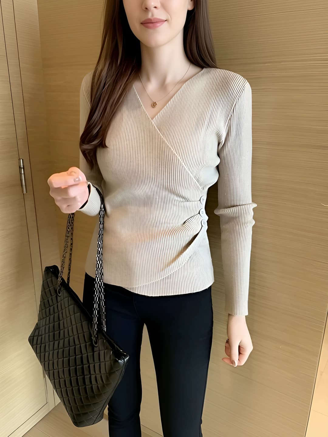 Women's spring-autumn knit top, V-neck, long sleeve, slim fit, slimming, solid colour, polyester