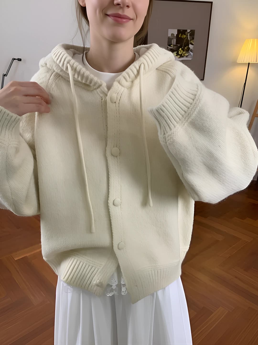 Women's solid colour knit cardigan, loose fit, long sleeve, hooded, casual style, spring-autumn