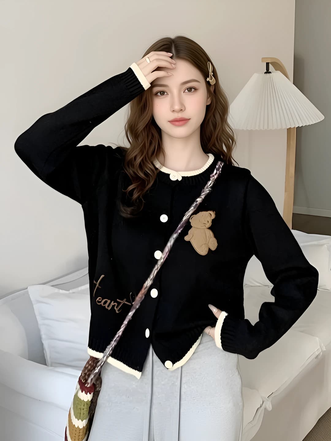 Women's grey knit cardigan, for autumn-winter and spring-autumn, crew neck, long sleeve, loose fit, solid colour, regular length