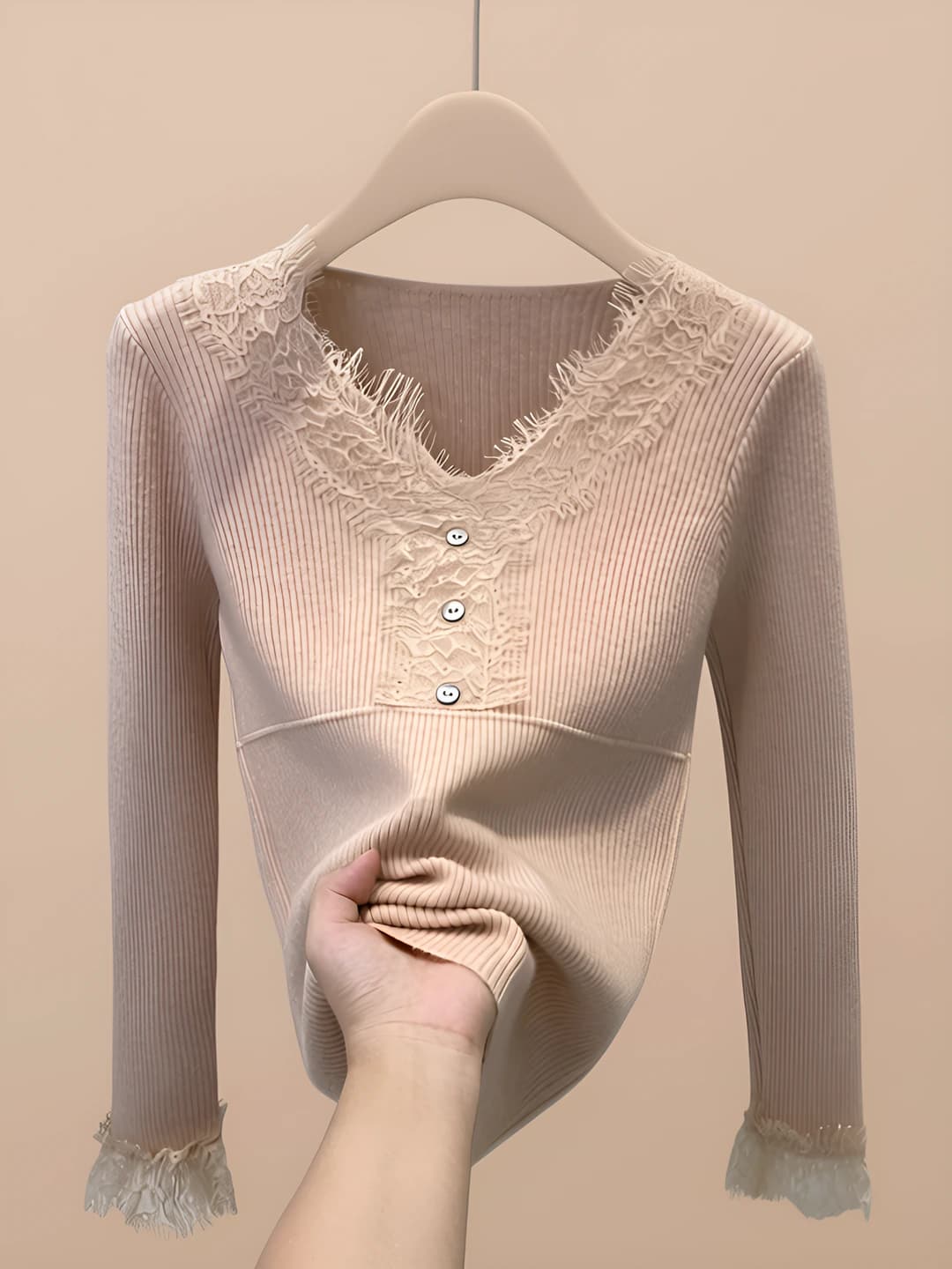 Women's V-neck lace-trimmed ribbed knit pullover top, slim fit, long sleeve, spring-autumn
