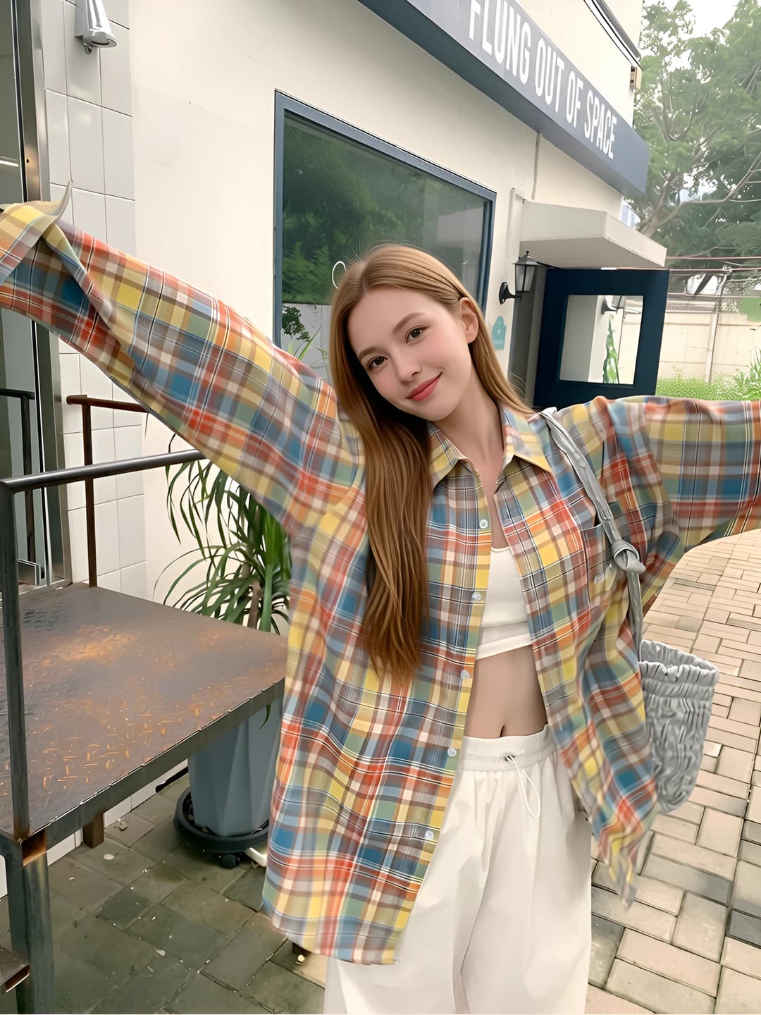 Women's retro checked long sleeve shirt, spring-summer, loose fit, POLO collar, sun-protective