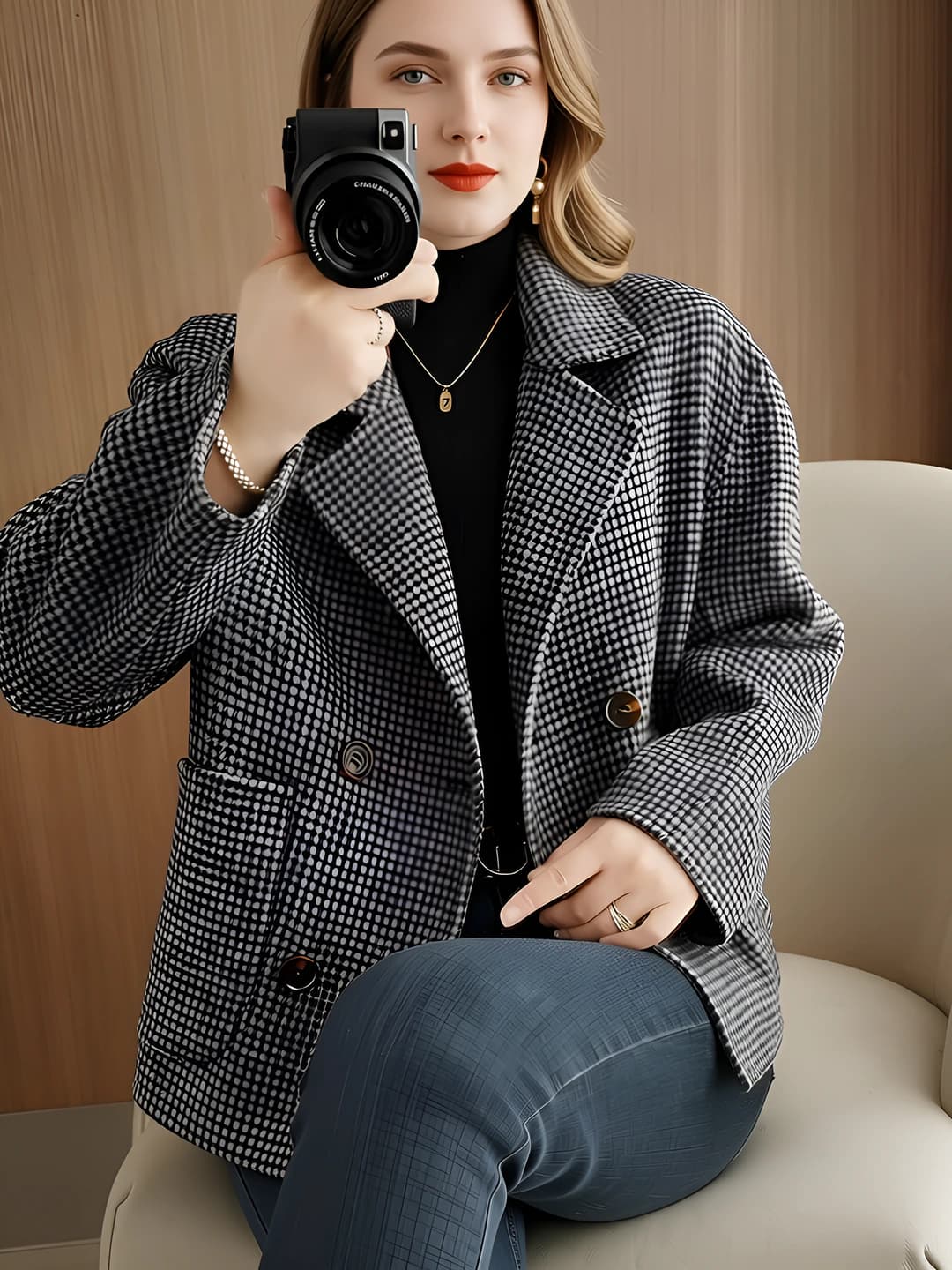 Women's 2026 autumn-winter coat, checked pattern, Korean style, petite, cropped, loose fit, long sleeve, POLO collar, thick fabric