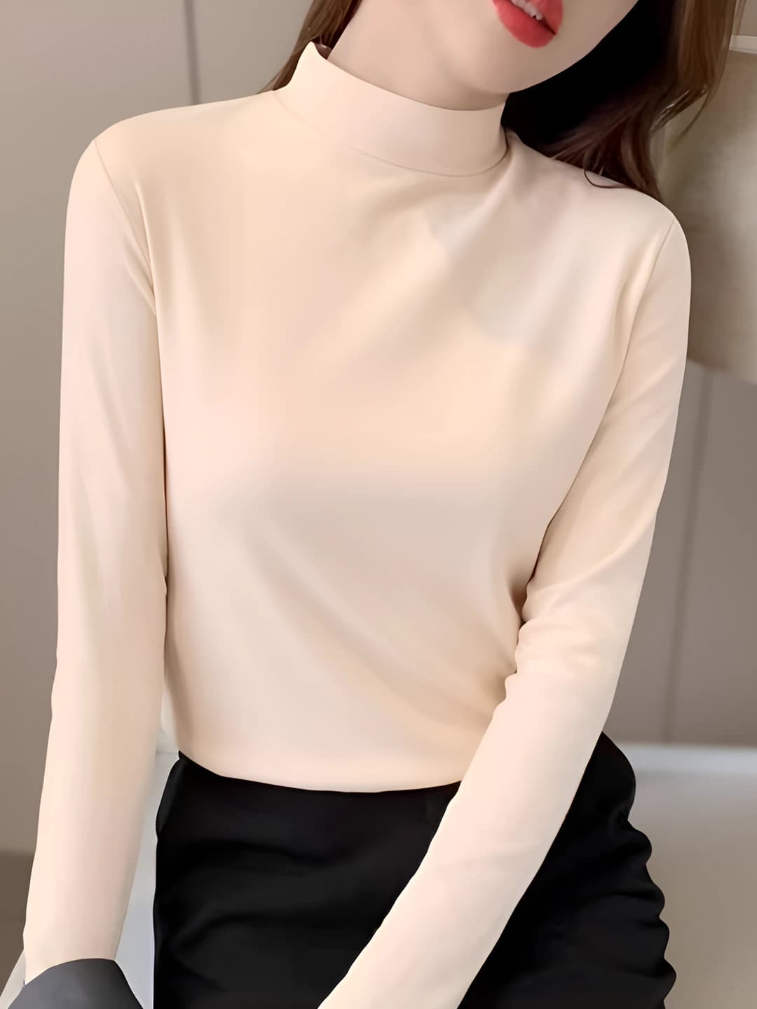 Women's warm, thickened, fleece-lined thermal underwear top, mock neck, long sleeve, slim fit, plus size, autumn-winter
