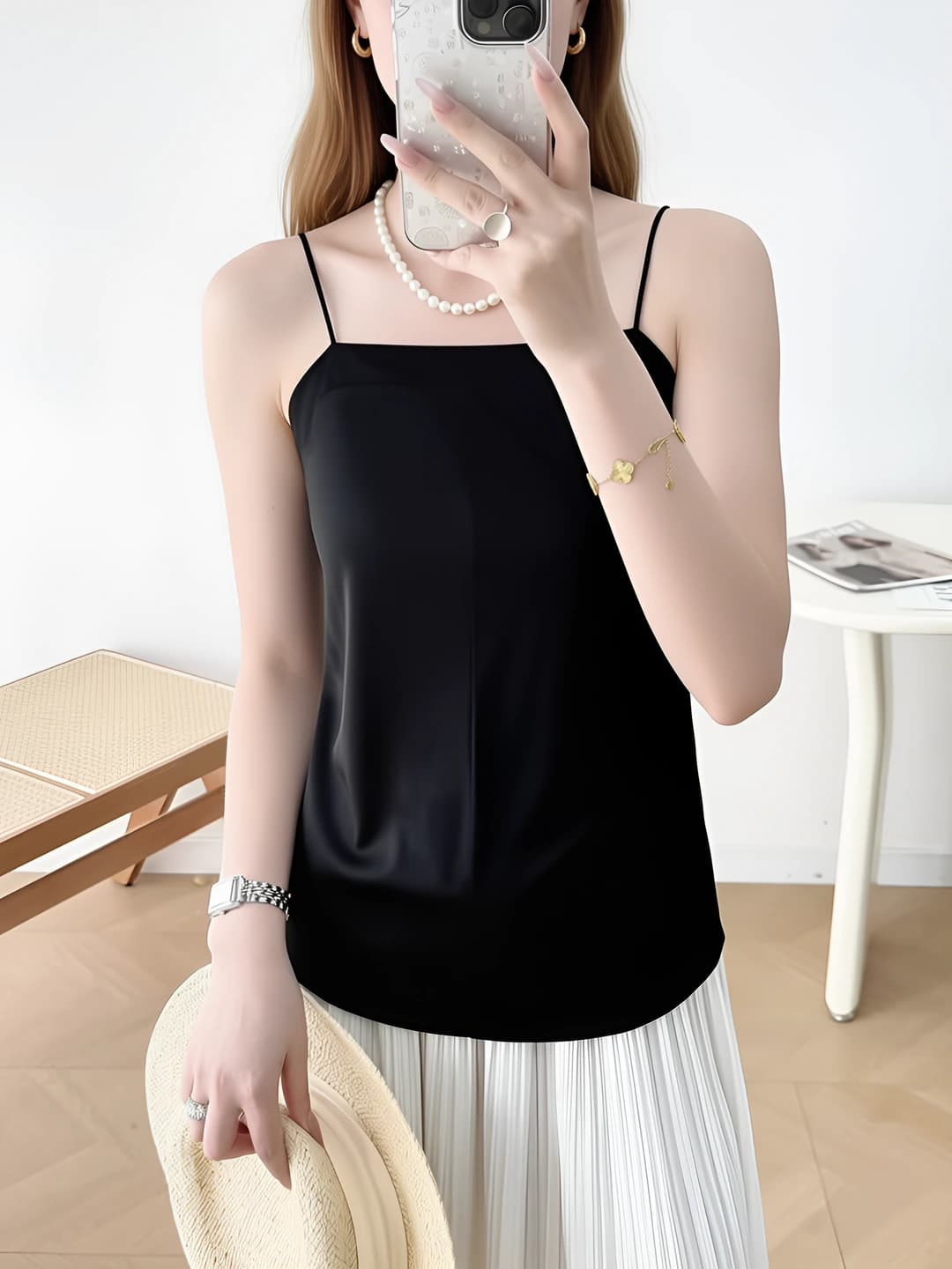 Women's strap top: summer, thin, slim fit, slimming, solid colour, acetate and polyester blend