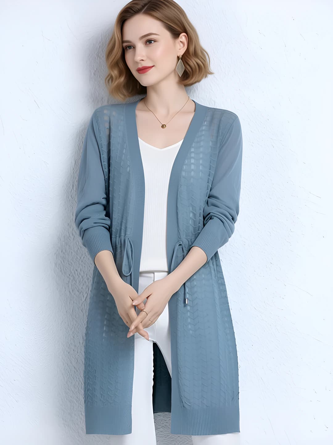 Women's Korean style thin sun-protective ice-silk fabric knit cardigan, V-neck, long sleeve, loose fit, mid-length, solid colour, spring-summer