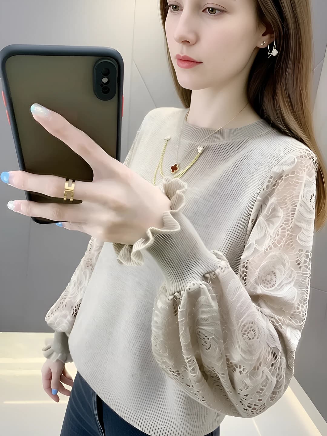Women's Korean style autumn-winter crew neck loose fit sweater pullover with lace sleeves