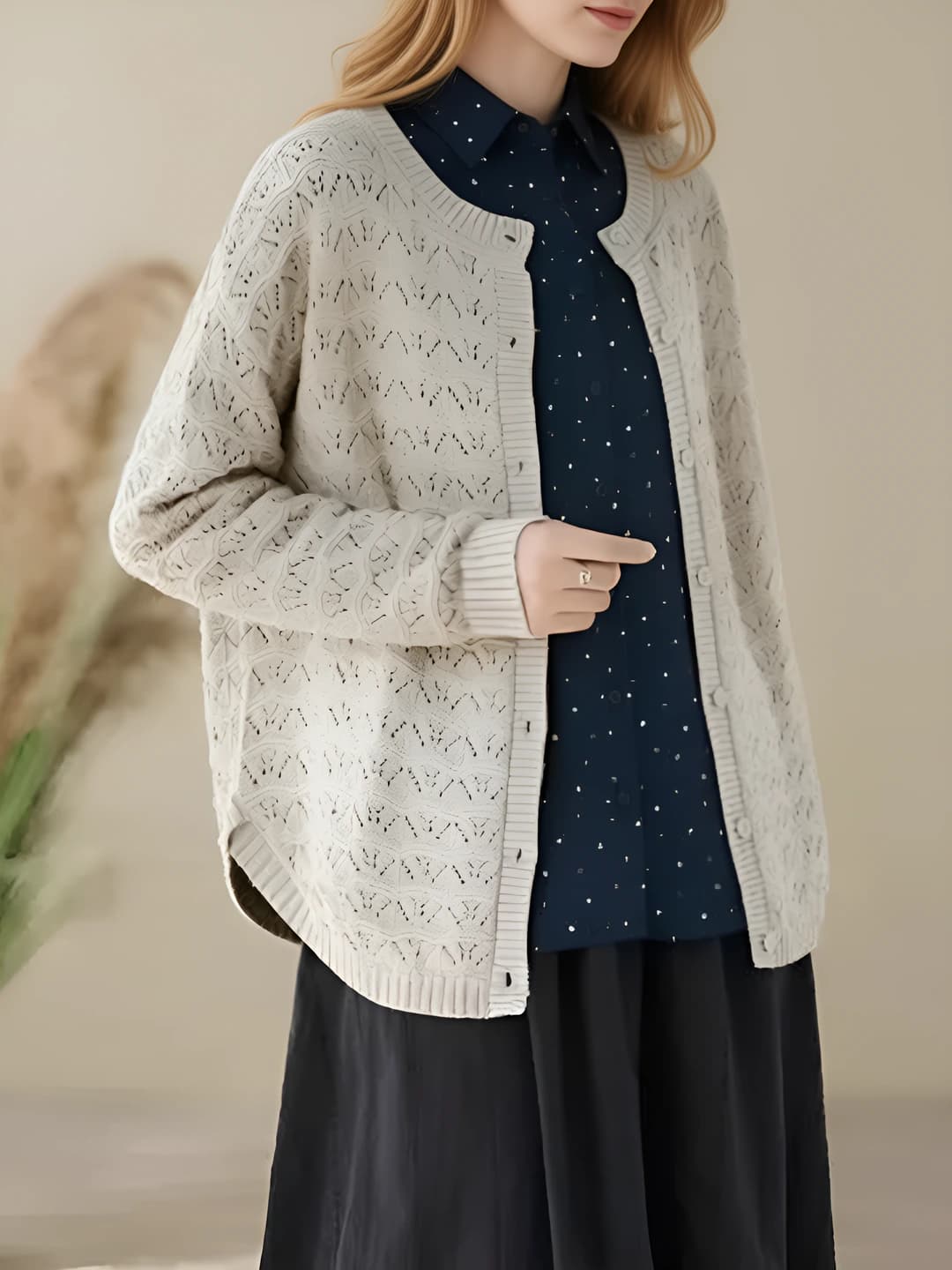 Women's retro knit cardigan, loose fit, crew neck, long sleeve, solid colour, slimming, spring-autumn