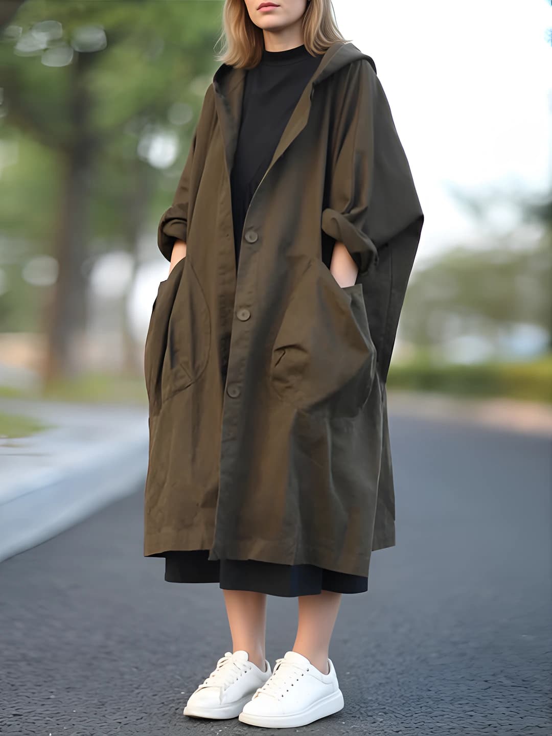 Women's loose fit trench coat, solid colour, long sleeve, mid-length, for spring-autumn