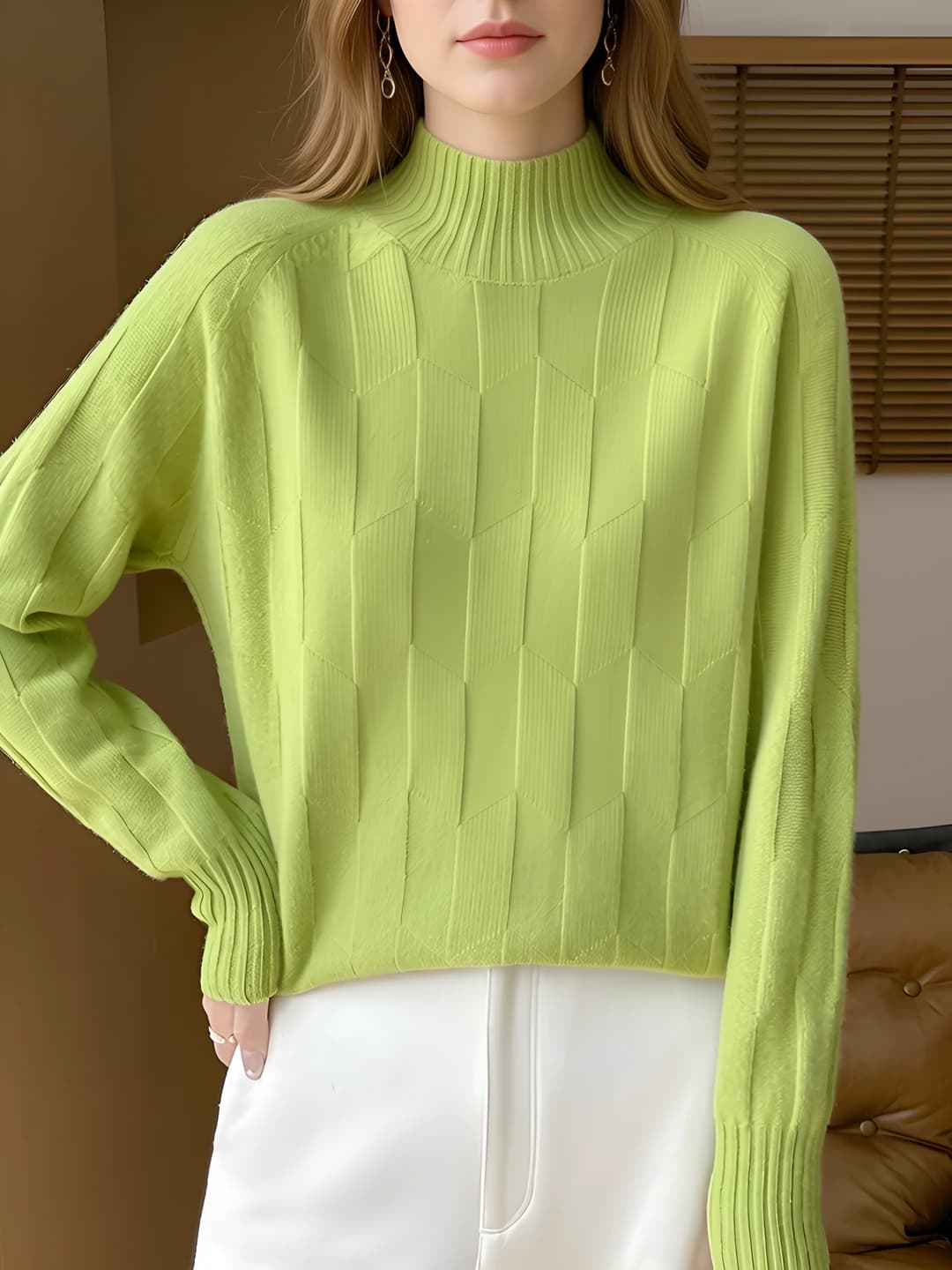 Women's 7-gauge wool and cashmere sweater, mock neck, thickened, loose fit, long sleeve, autumn-winter
