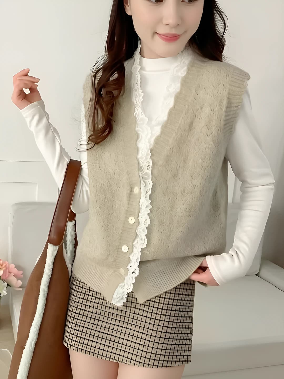 Women's lace V-neck vest, for petite, solid colour, loose fit, sleeveless, cardigan style sweater