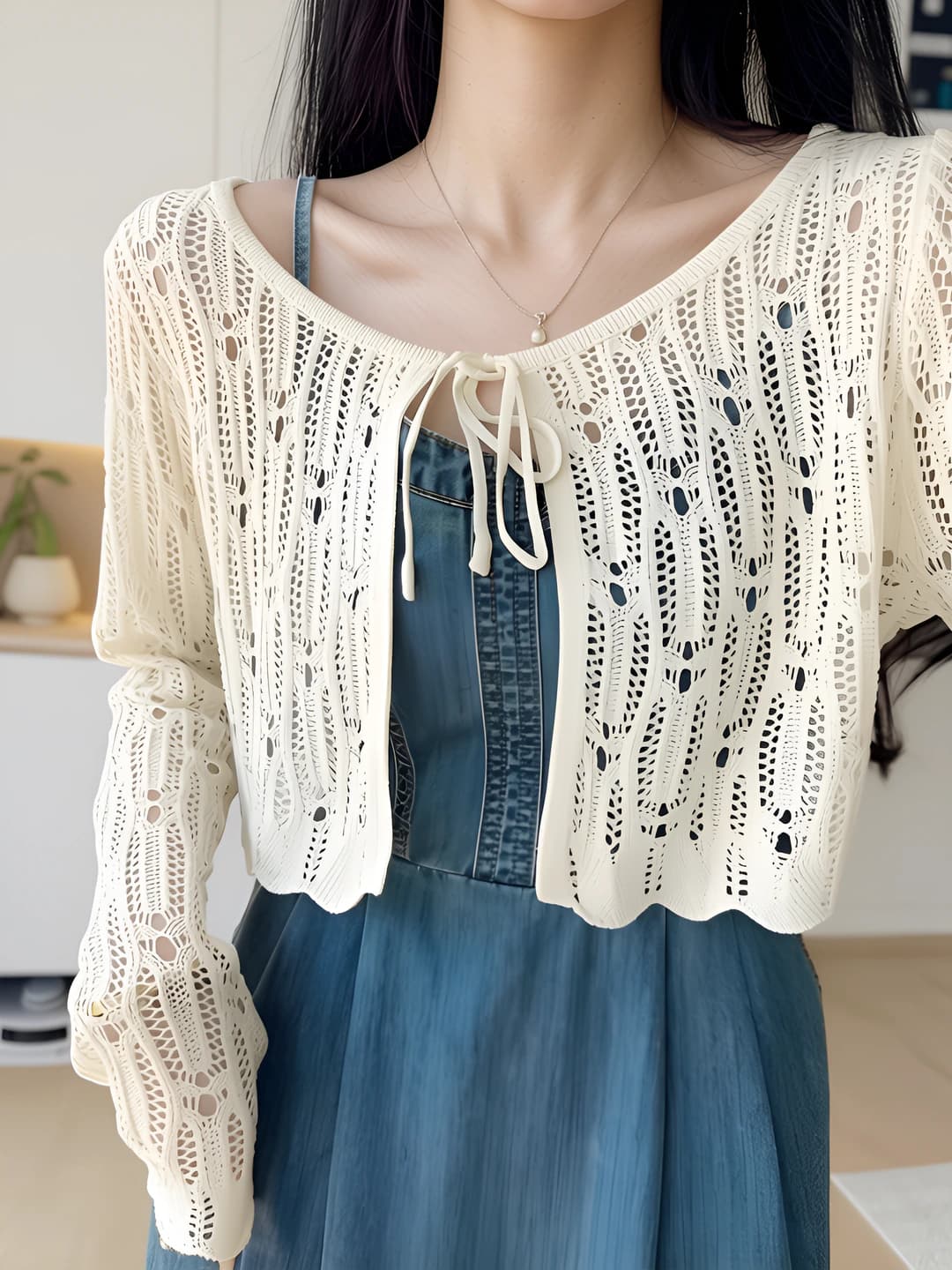 Women's knit cardigan, thin, ice-silk fabric, sun-protective, summer, cropped, loose fit, long sleeve, crew neck, closure: closed