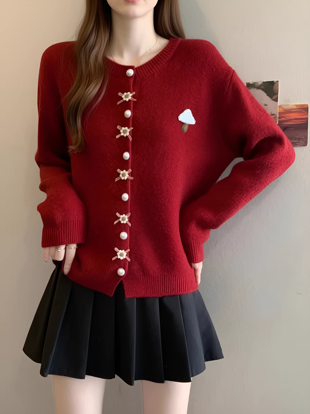 Women's autumn-winter cardigan: loose fit, crew neck, long sleeve, with embroidery and pearl buttons