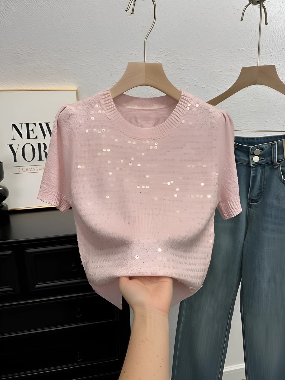Women's spring slimming loose fit knitted tops with crew neck and short sleeve