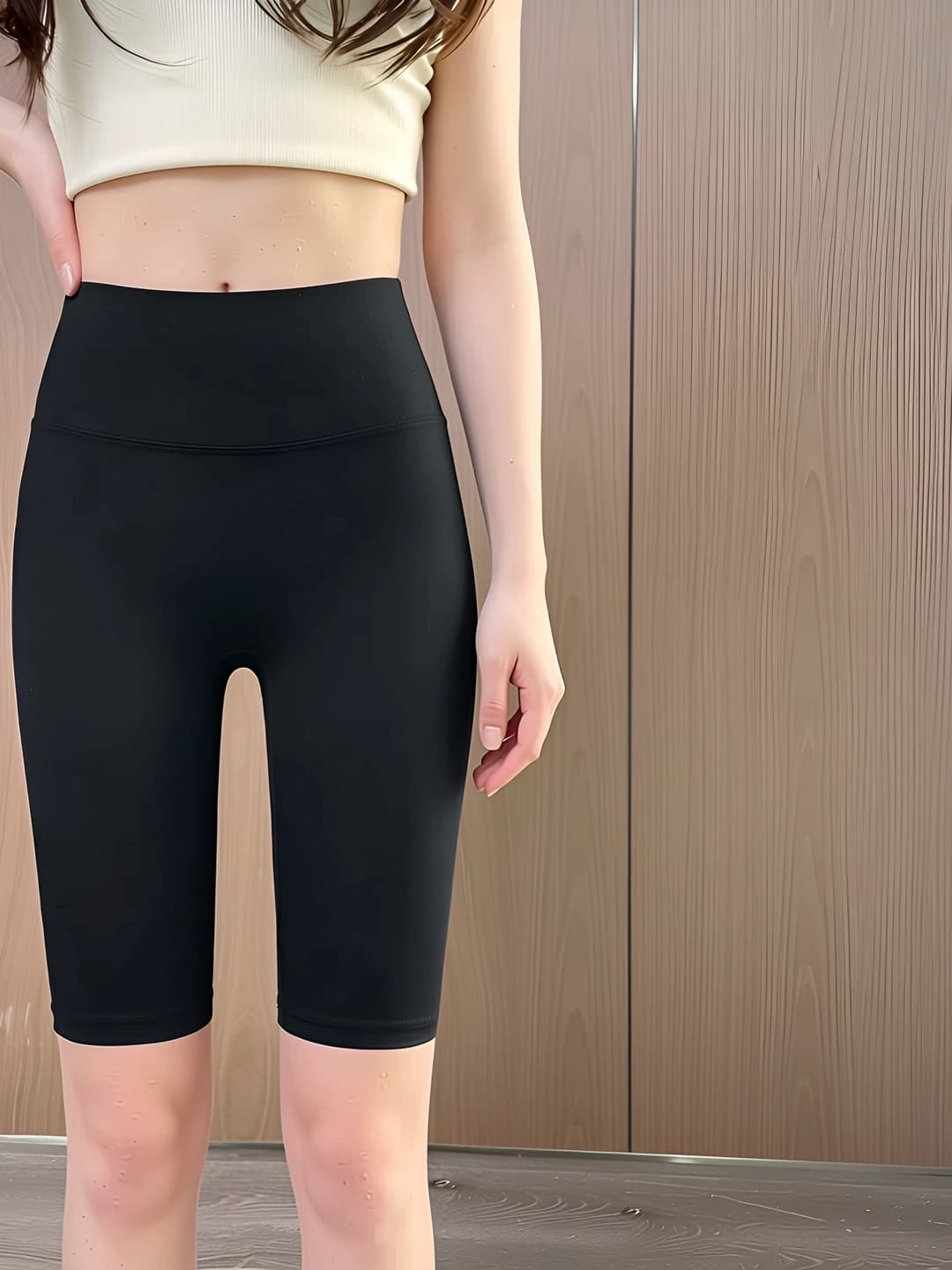 Women's summer thin ice-silk fabric sports leggings, high waist, knee-length shorts, slim fit, solid colour, tummy control and hip-lifting