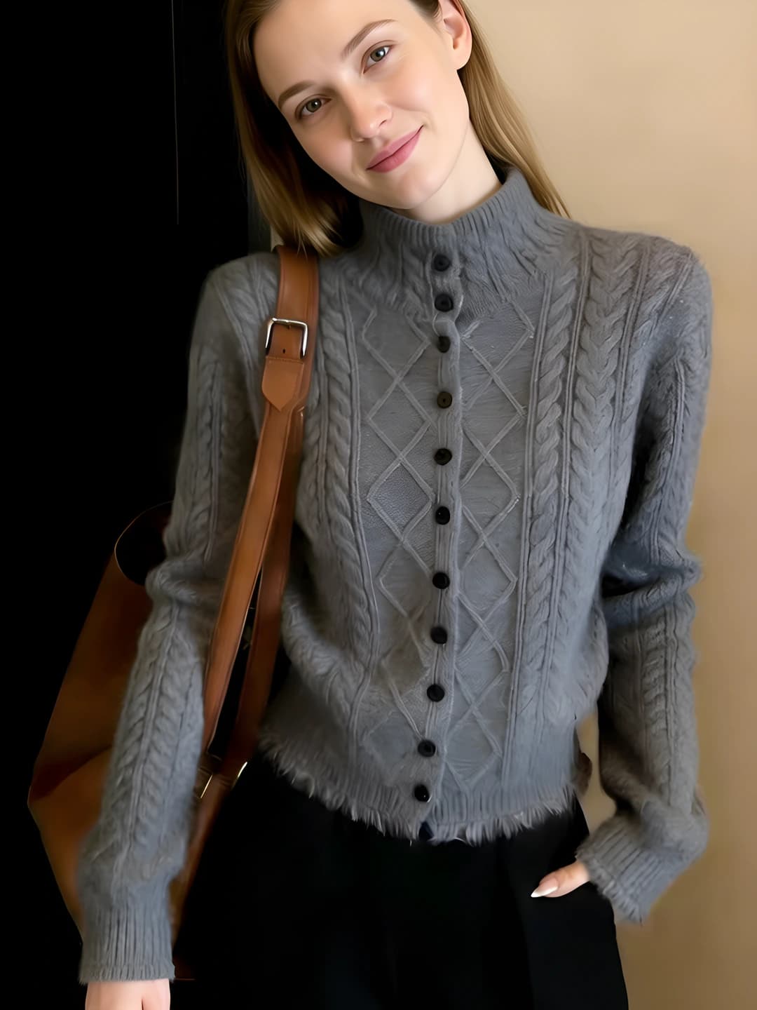 Women's knit cardigan: long sleeve, crew neck, loose fit, warm, slimming, casual style