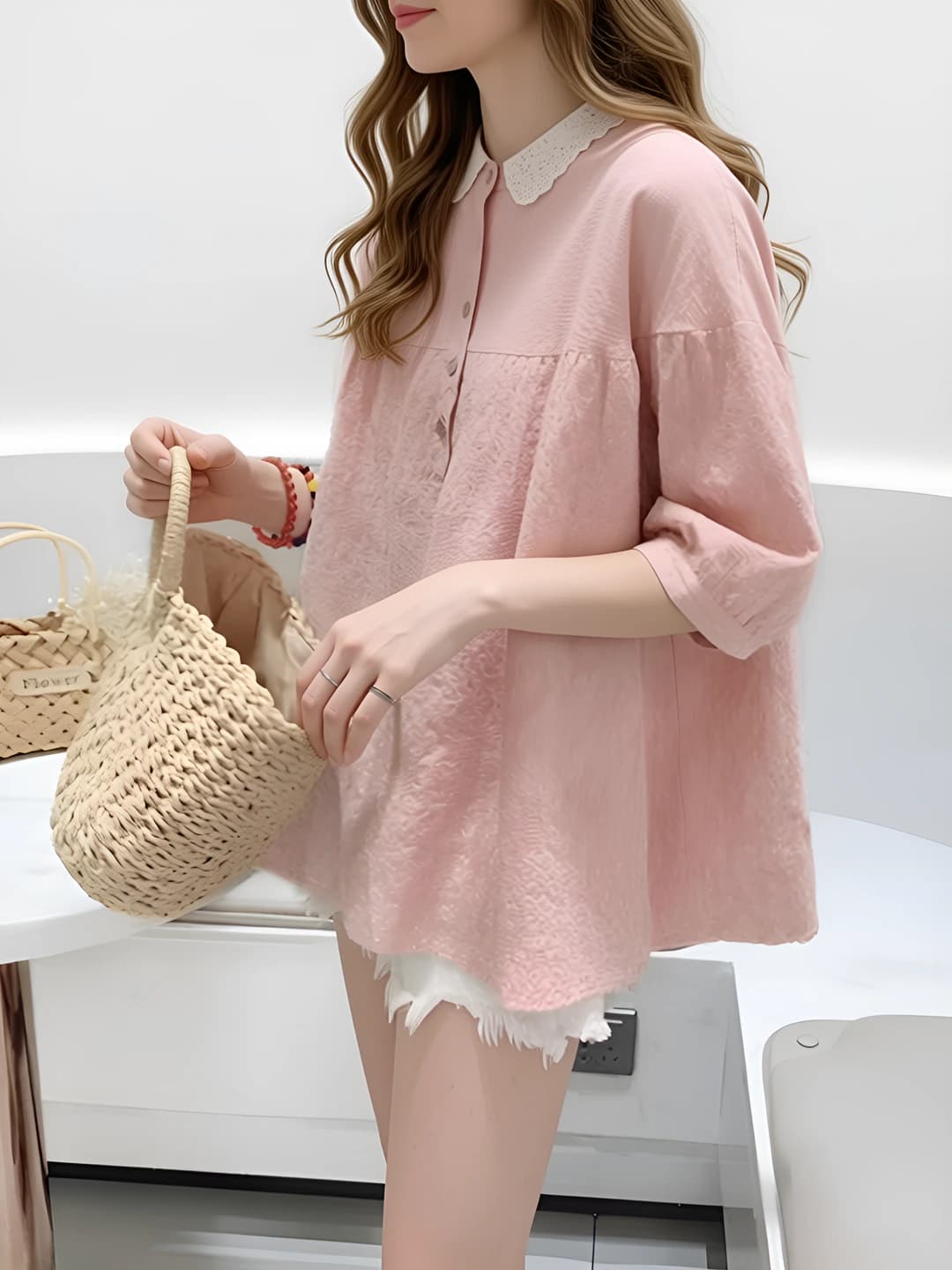 Women's blouse: Korean style, lace collar, embroidered, solid colour, loose fit, short sleeve, 80-90% cotton