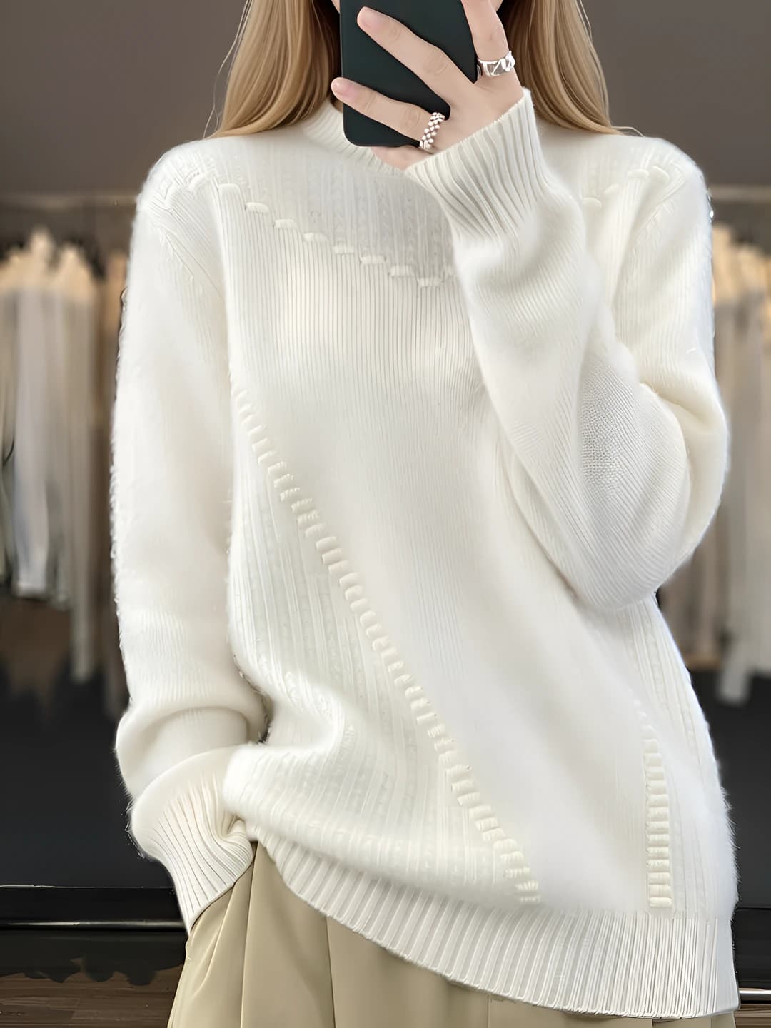Women's 2026 autumn-winter thickened solid colour wool sweater, mock neck, loose fit, long sleeve, cashmere blend