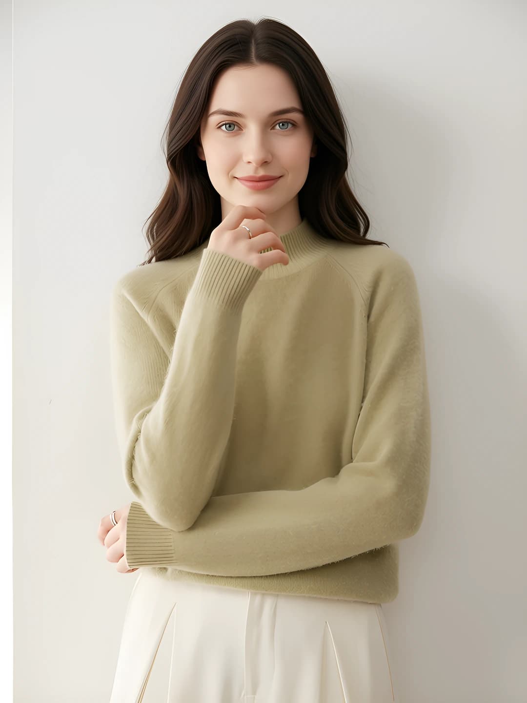 Women's cashmere sweater, mock neck, thick, solid colour, loose fit, long sleeve, warm for autumn-winter