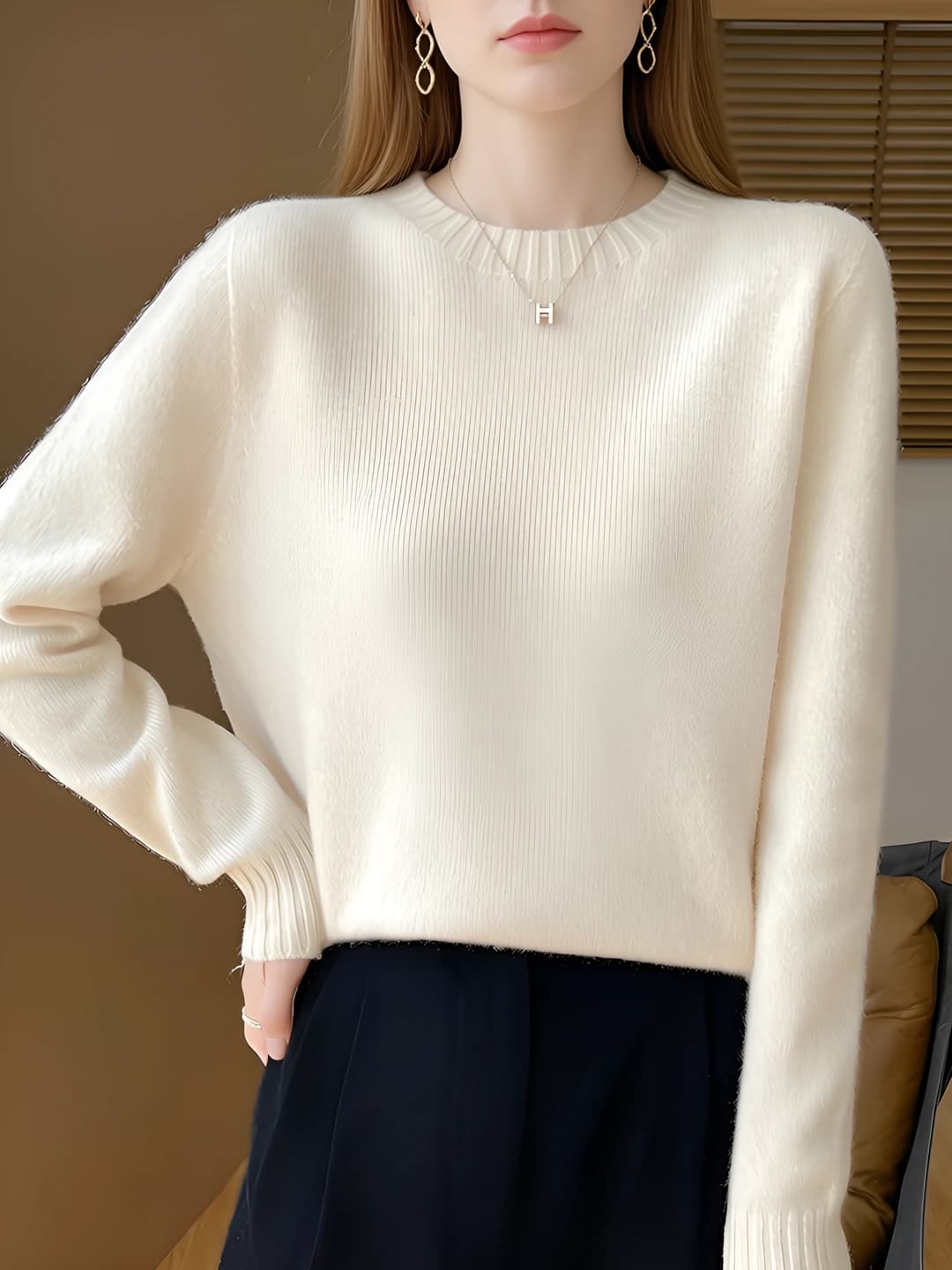 Women's 100% wool and cashmere thickened loose fit mock neck long sleeve autumn-winter sweater