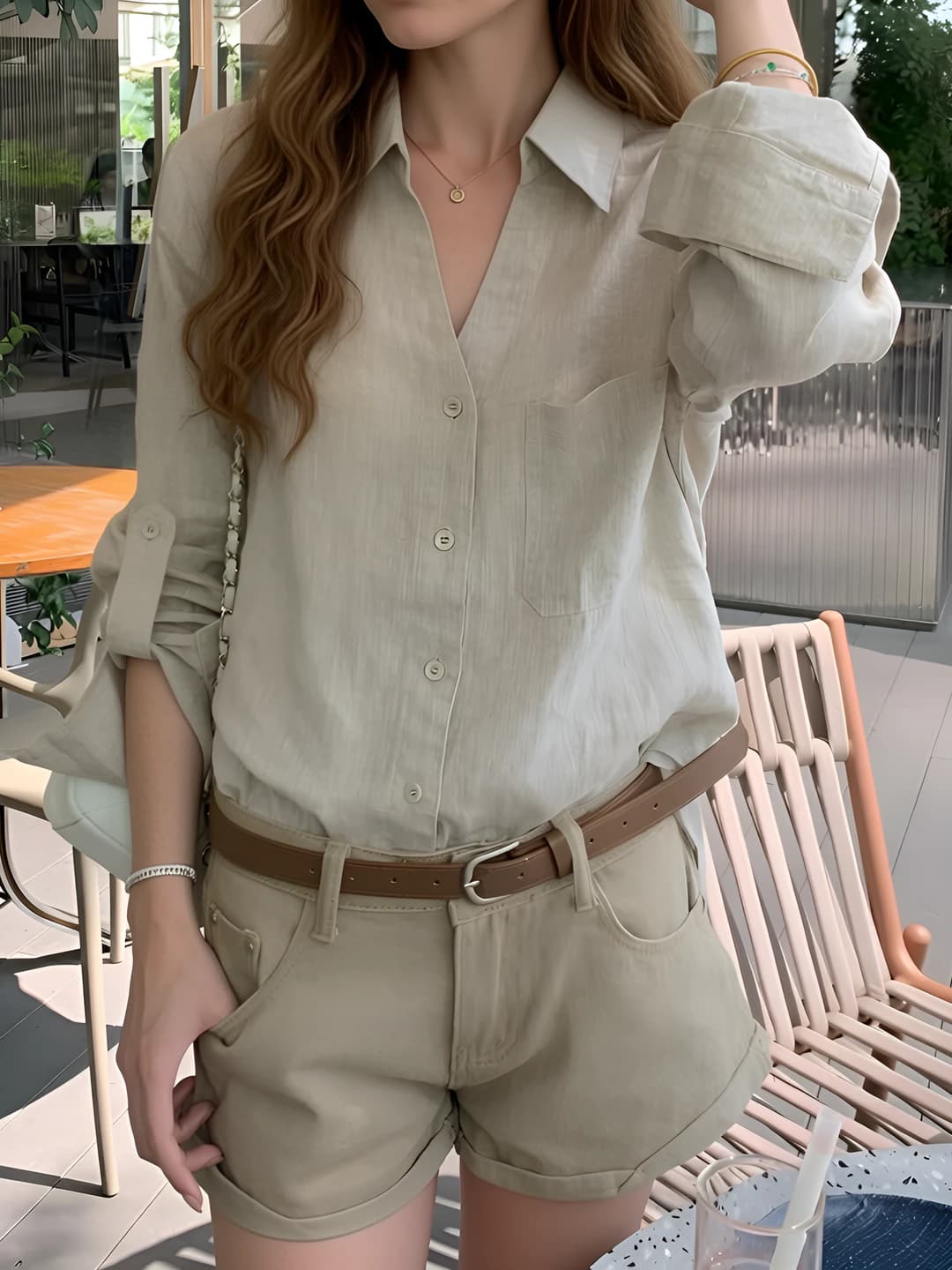 Women's long-sleeve cotton-linen shirt, POLO lapel collar, loose fit, mid-length, solid colour, sun-protective, summer