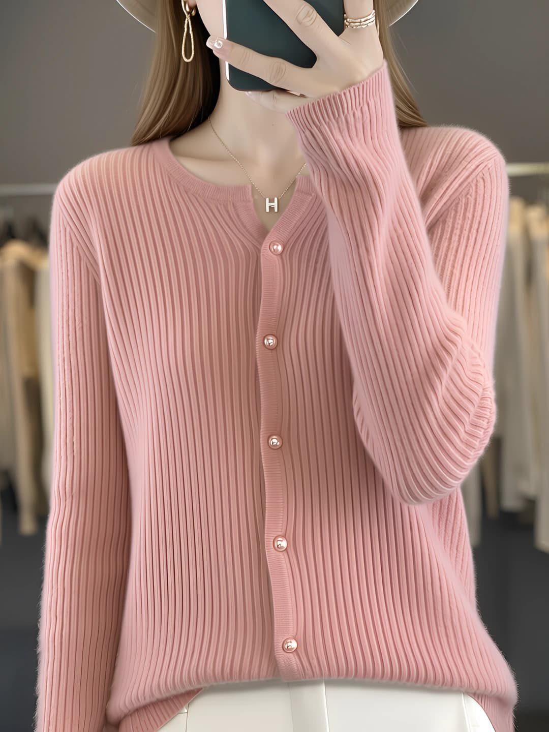 Women's 100% wool cardigan, autumn-winter, V-neck, long sleeve, slimming, solid colour, multi-button