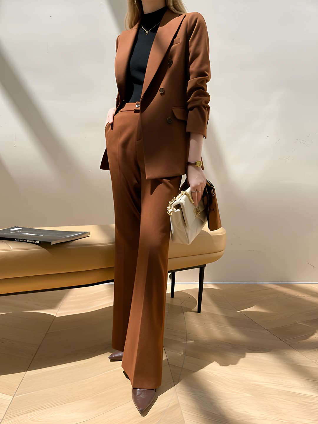Red-brown blazer + bell-bottom pants