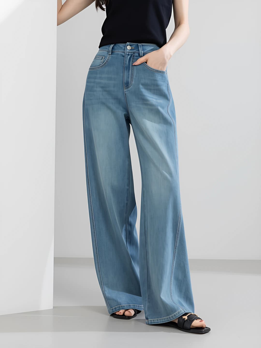 Women's wide and flared jeans: 2026 summer, high waist, straight cut, loose fit, thin, retro style, Tencel cotton blend