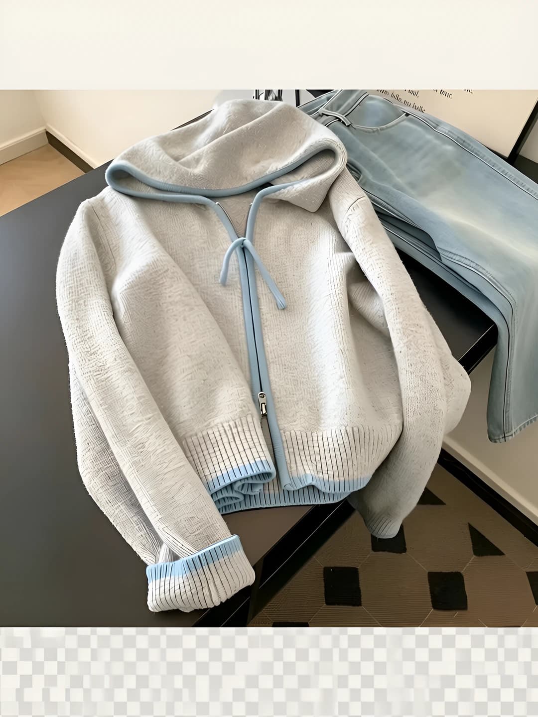 Women's Korean style zip-up hooded knit cardigan, spring, loose fit, long sleeve, 3D pattern