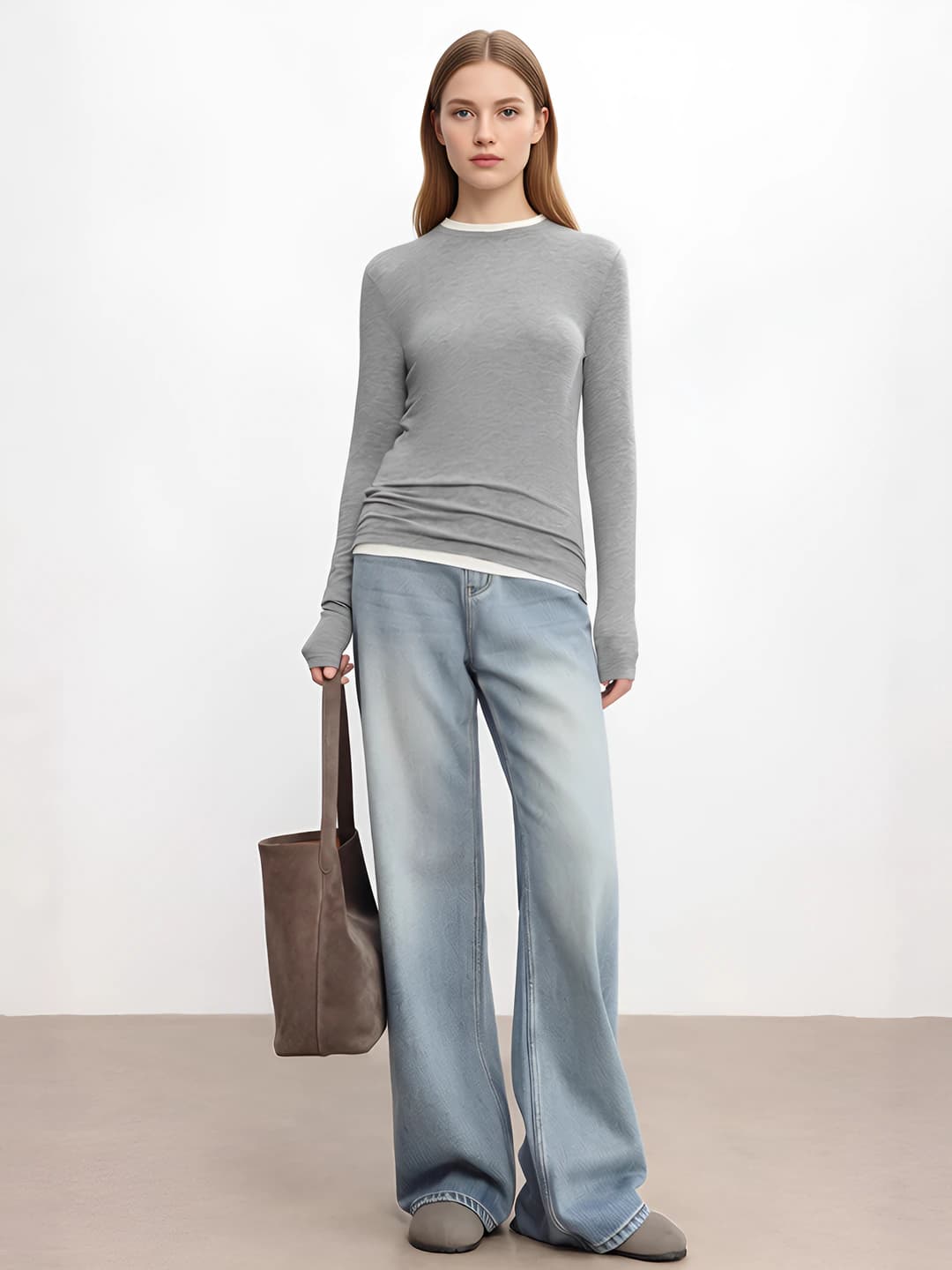 Women's crew neck long sleeve slim fit wool sweater, 2026
