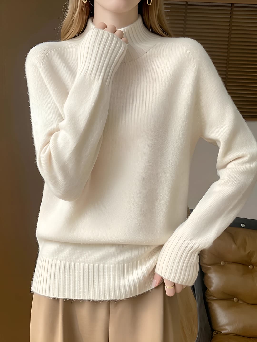 Women's autumn-winter thickened 100% wool and cashmere solid colour mock neck long sleeve sweater