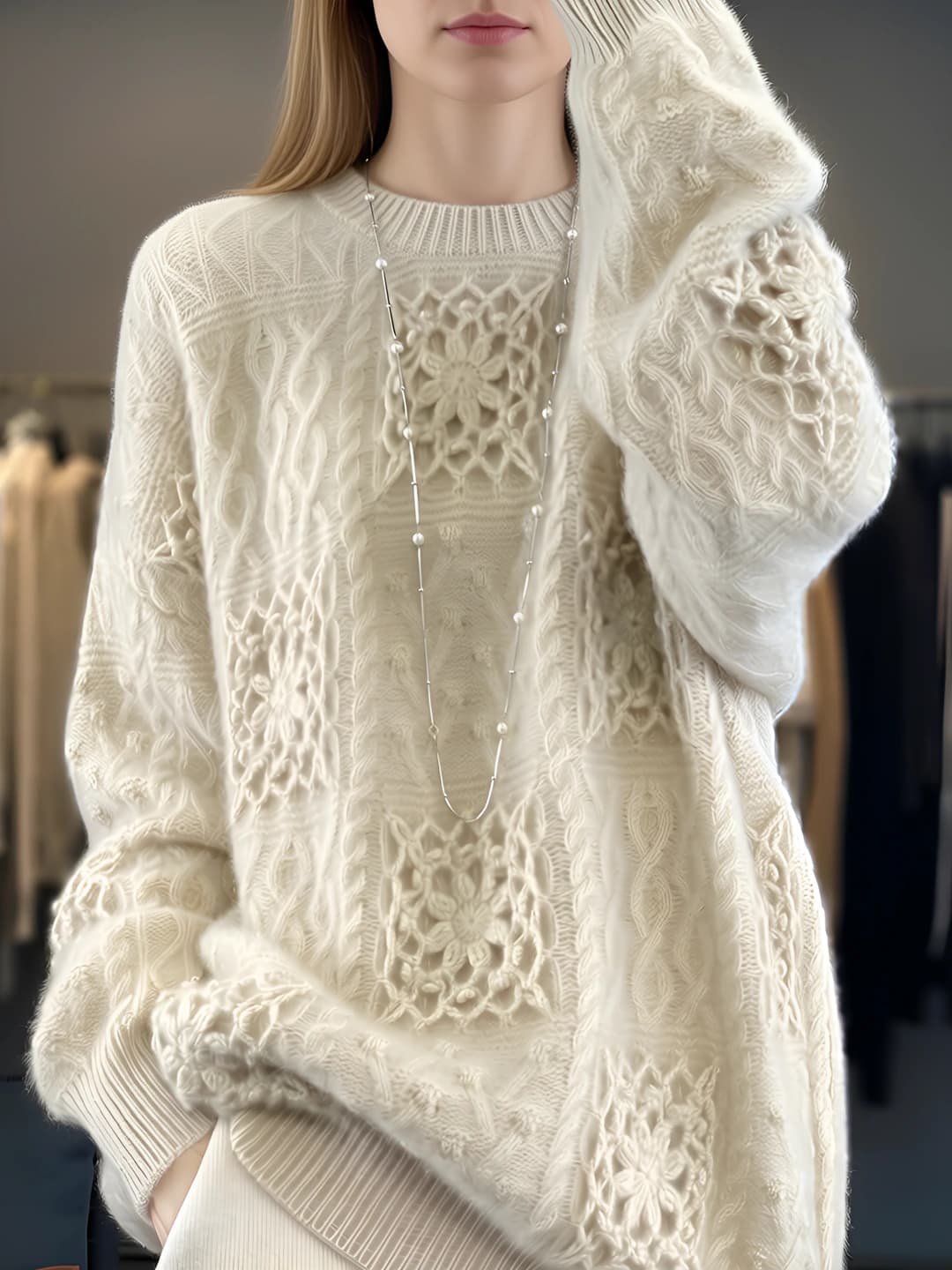 Women's autumn-winter thickened loose fit crew neck long sleeve wool sweater
